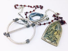 Necklace Agate, Ceramic Budda, Crystals, Huge Silver Toggle