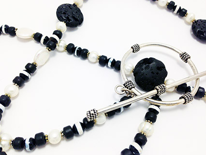 Necklace Black Lava, Pearl, Coral, Agate